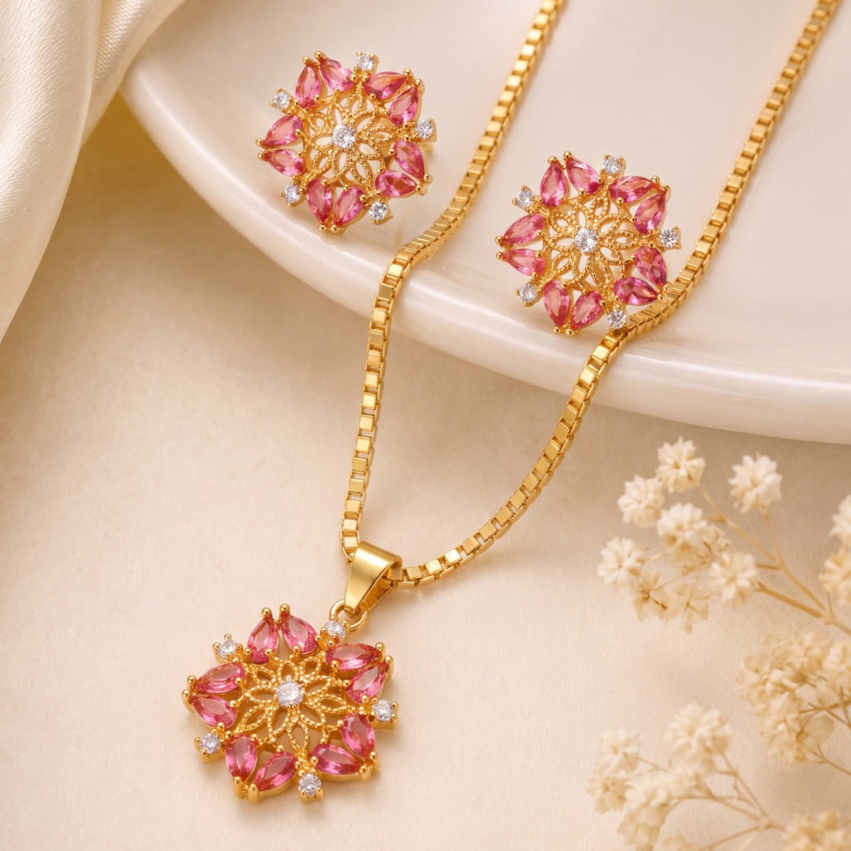 Luxury Design Gold Plated Crystal Stones Necklace Set for Girls/Women