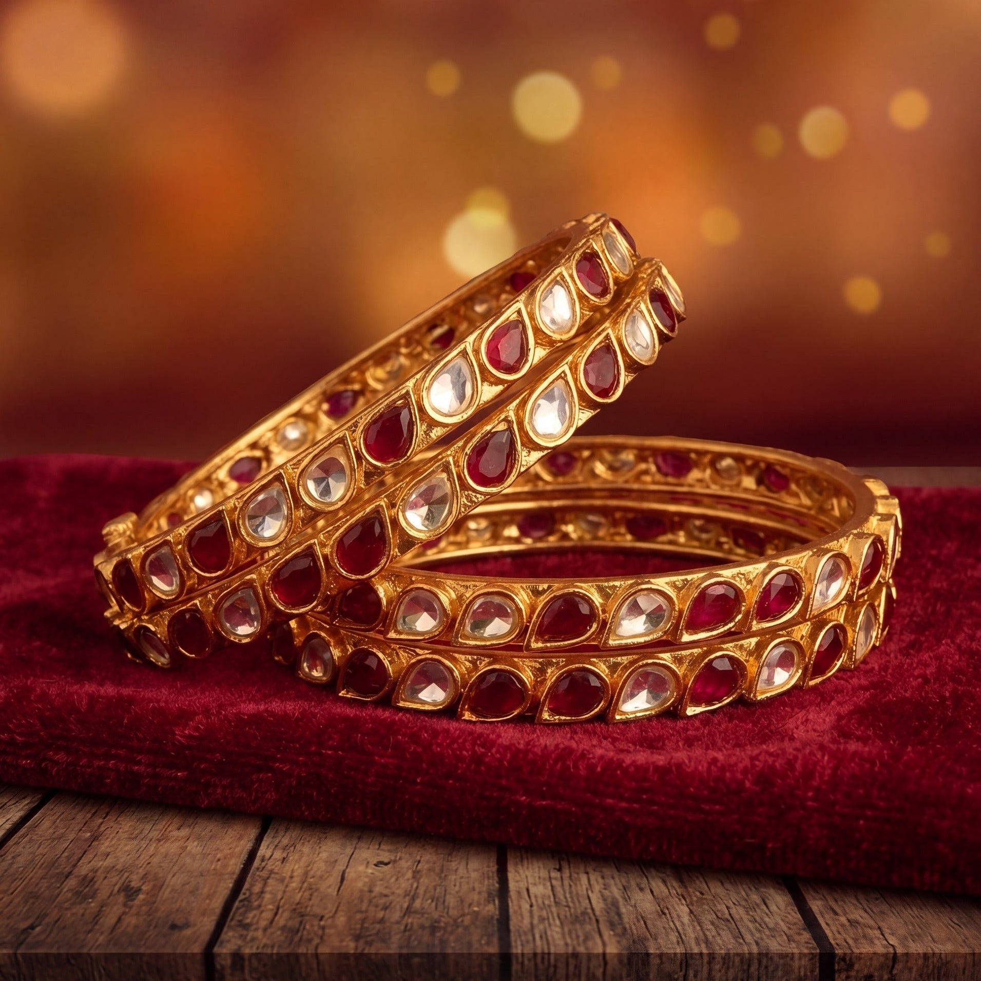 Beautiful Design Gold Plated Crystal Stones 4pc Bangle set for Girls/Women