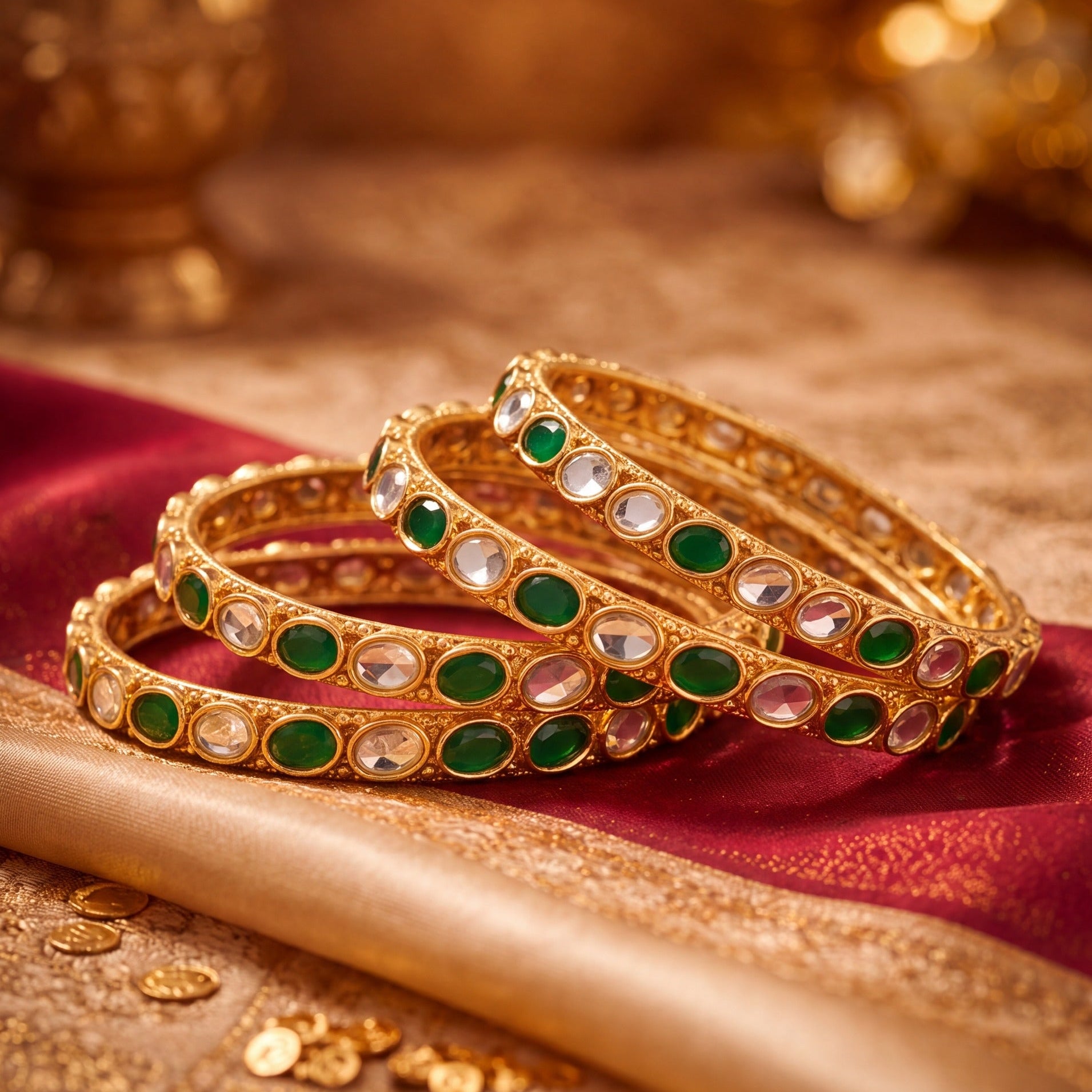 Glamorous Design Gold Plated Crystal Stones 4pc Bangle set for Girls/Women