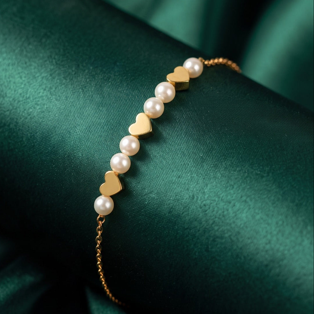 Stylish Heart Design Gold Plated Pearls Bracelet for Girls/Women
