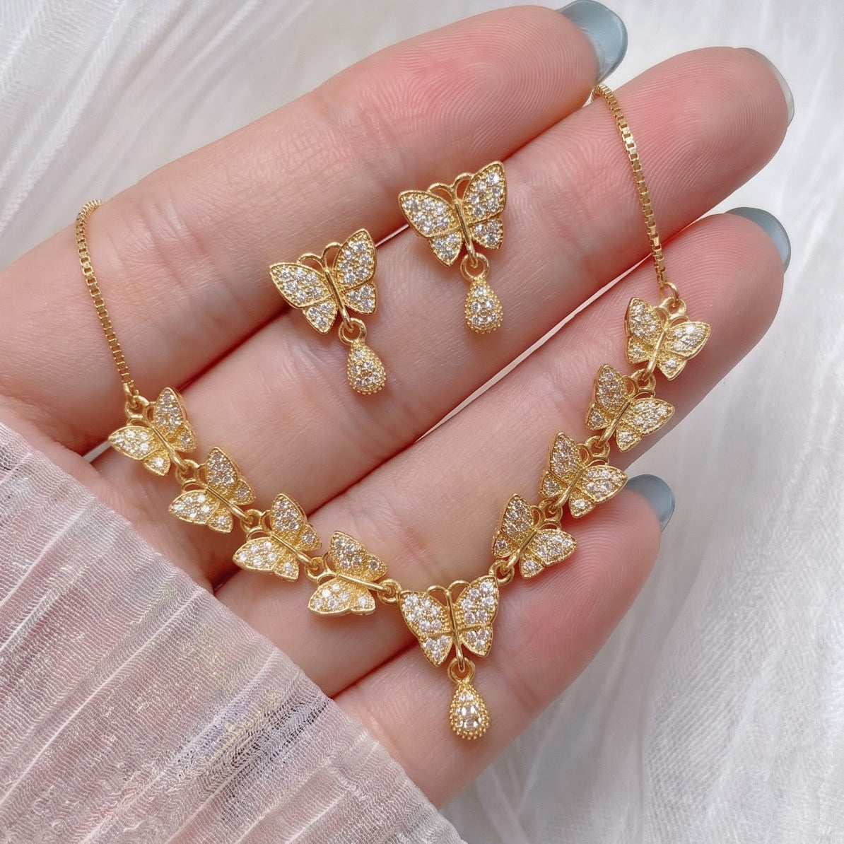 Luxury Design Gold Plated Crystal Stones Necklace Set For Girls/women