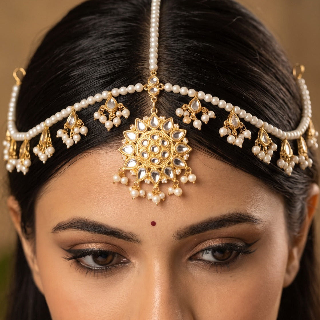 Sparkling Design Gold Plated Crystal Stones Matha Pati For Girls/women