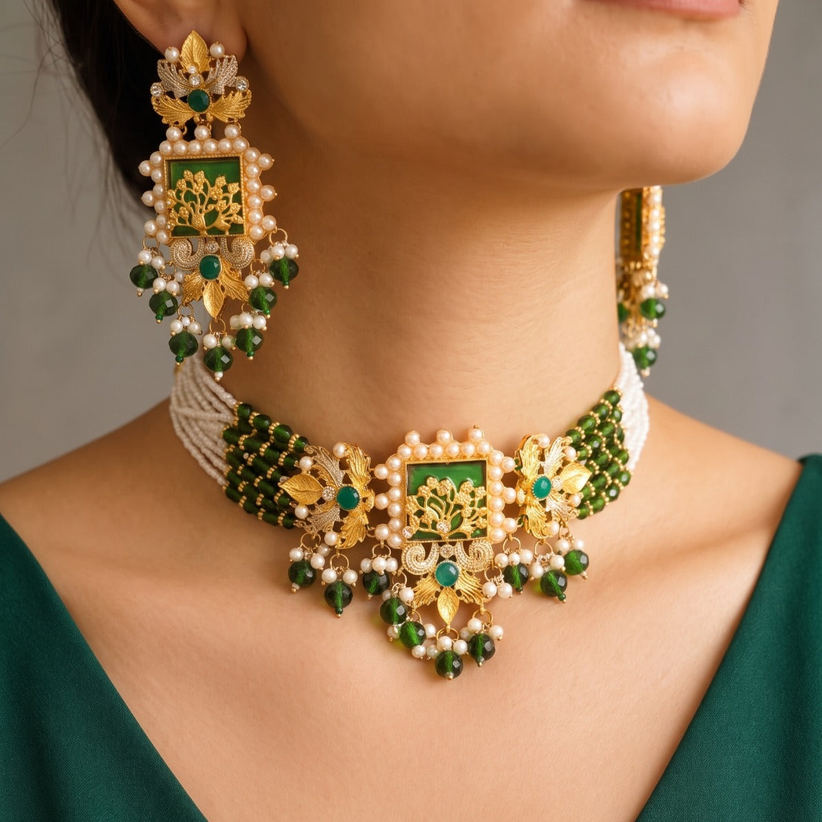 Stylish Design Gold Plated Crystal Stones Necklace Set For Girls/women