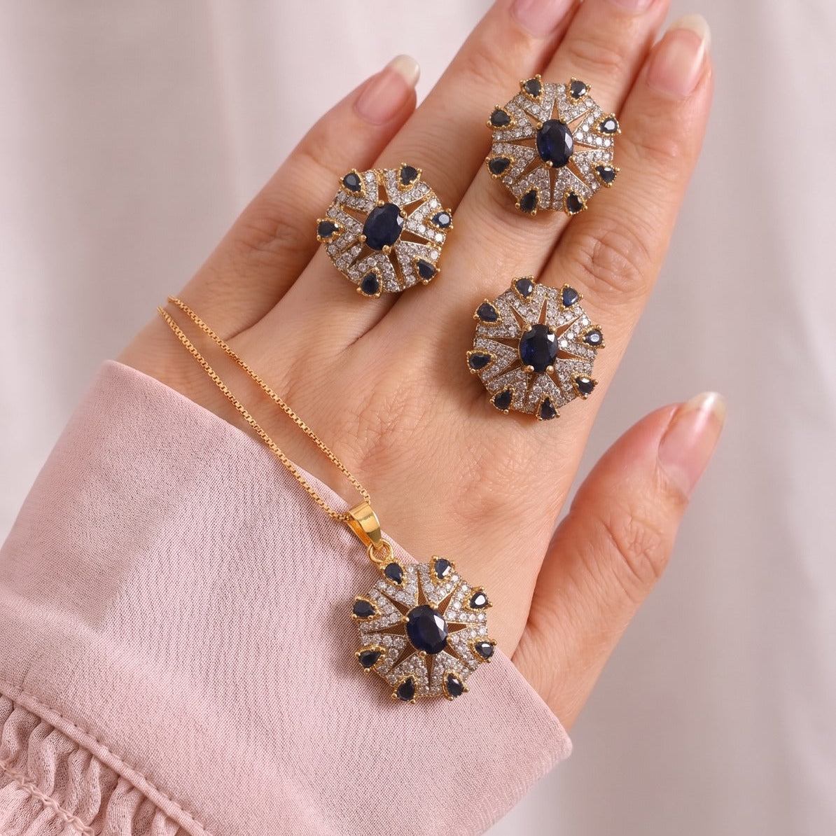 Luminous Design Gold Plated Crystal Stones Necklace Set For Girls/women