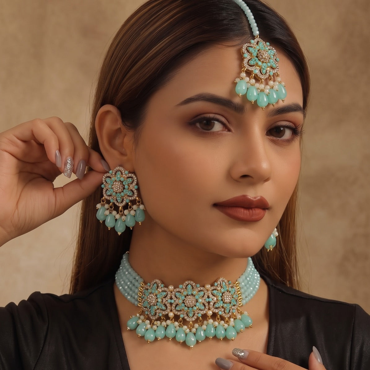 Fancy Gold Plated Crystal Stones Kundan Necklace Set for Girls/Women
