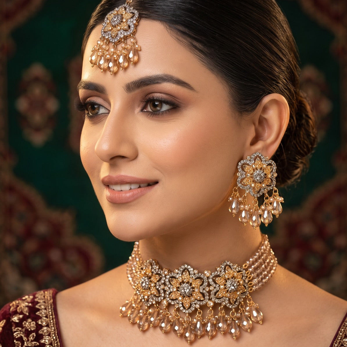 Fancy Gold Plated Crystal Stones Kundan Necklace Set for Girls/Women