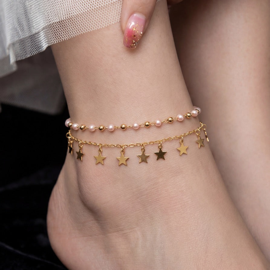 Elegant Unique Star Design Pearls Anklet for Girls/Women