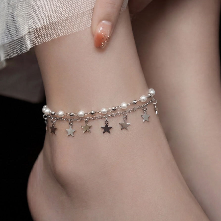 Elegant Unique Star Design Pearls Anklet for Girls/Women