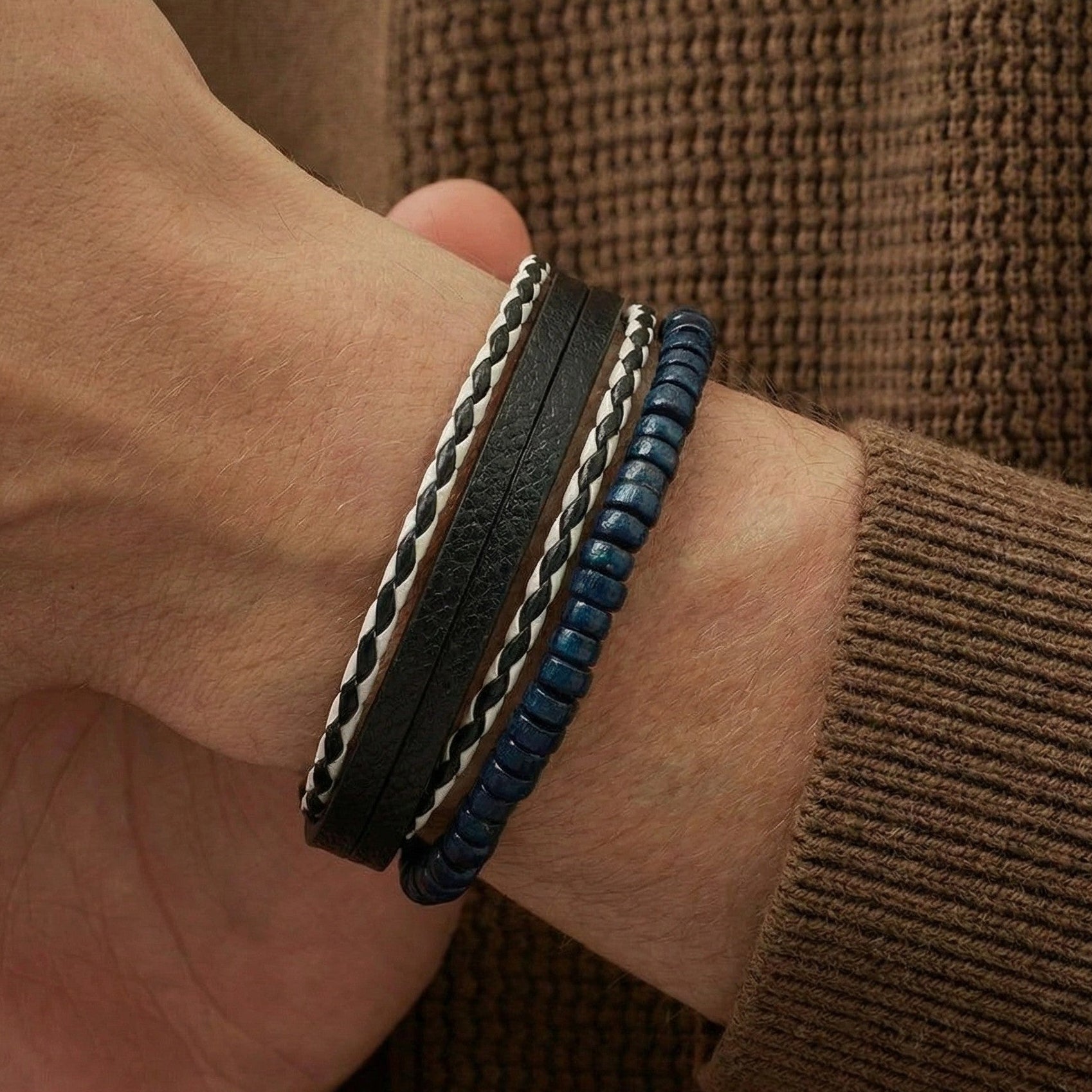 Stylish Unique Design Beads and Strap Bracelet for Men