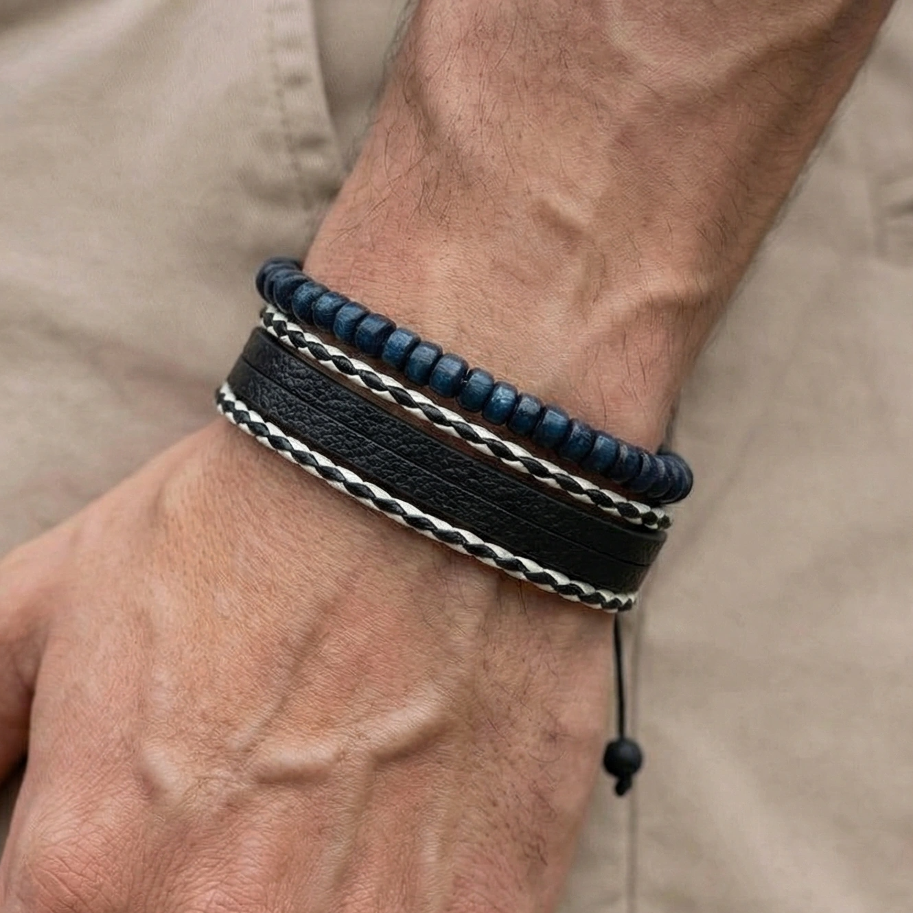 Stylish Unique Design Beads and Strap Bracelet for Men