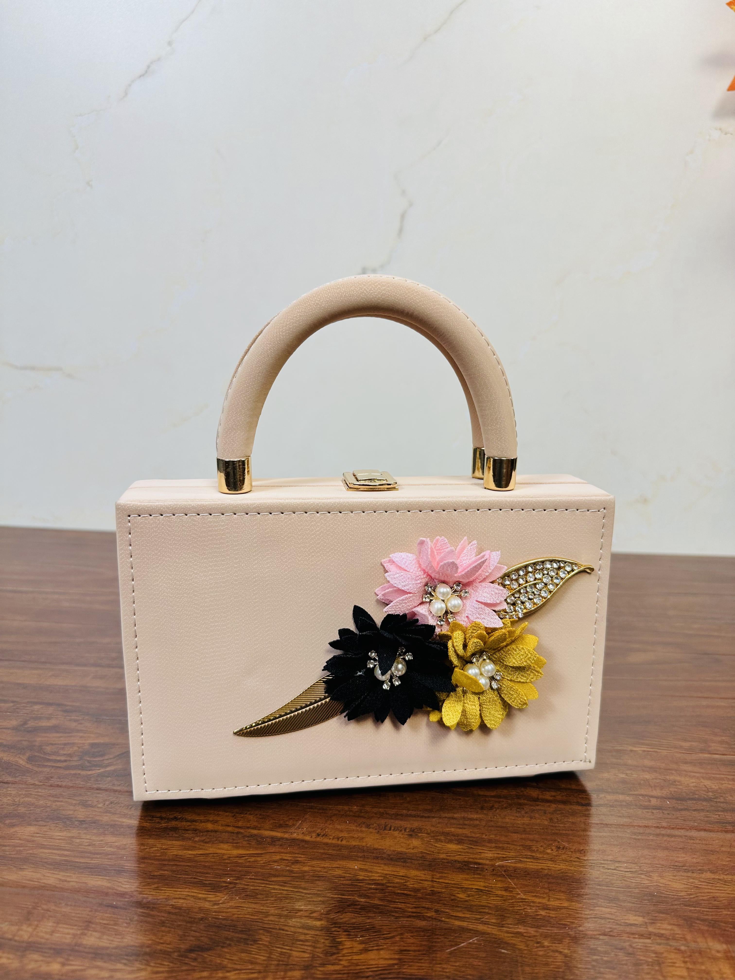 Beautiful Flower Design Cream Color Handbag For Girls/Women