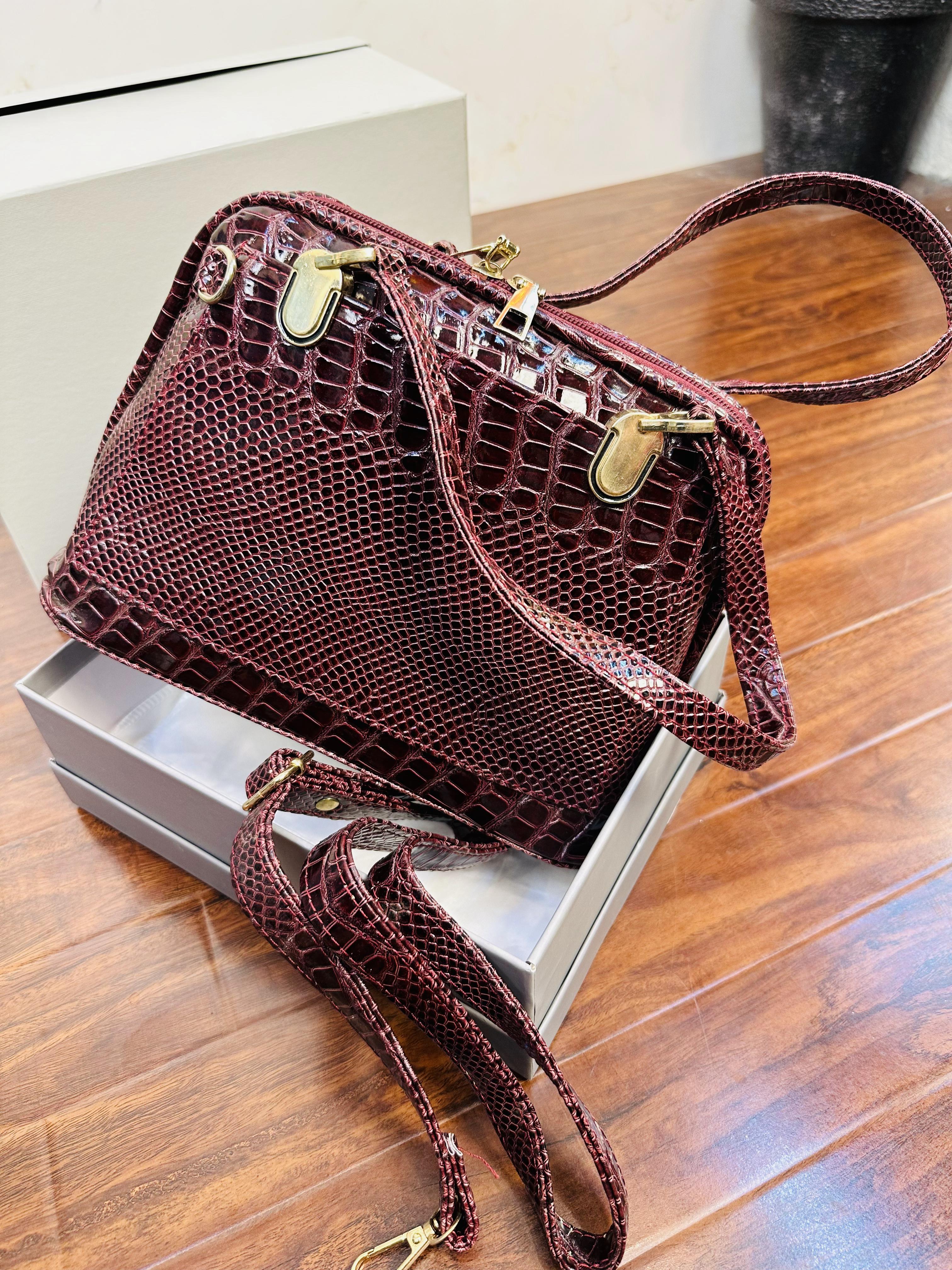 Crocodile Design Maroon Handbag For Girls/Women