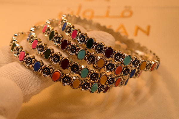 Dazzling Unique Design Multi Stones 4pc Bangle Set for Girls/Women