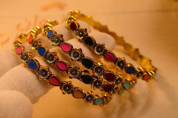 Glamorous Unique Design Multi Stones 4pc Bangle Set for Girls/Women