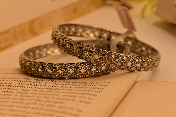 Dazzling Unique Design Silver Plated 2pc Bangle Set for Girls/Women