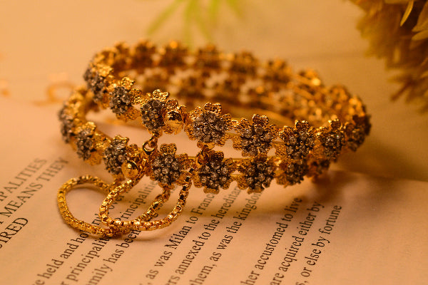 Sparkling Design Gold Plated Crystal Stones 2pc Bangle Set for Girls/Women