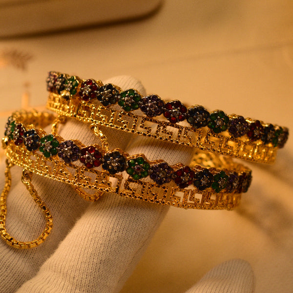 Stylish Unique Design Gold Plated Crystal Stones 2pc Bangle Set for Girls/Women