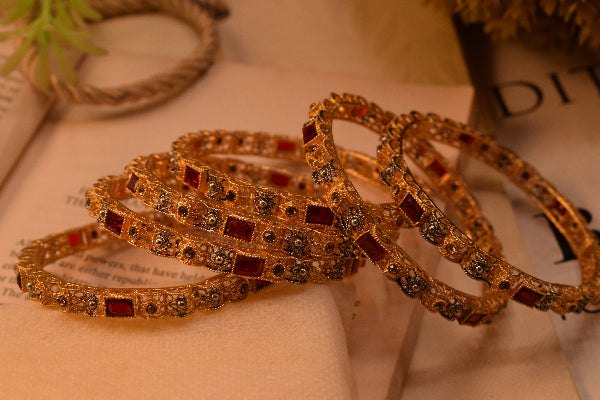 Stylish Design Crystal Stones Gold Plated 6pc Bangle Set for Girls/Women