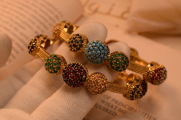 Luxury Design Gold Plated Real Stones 2pc Bangle Set for Girls/Women