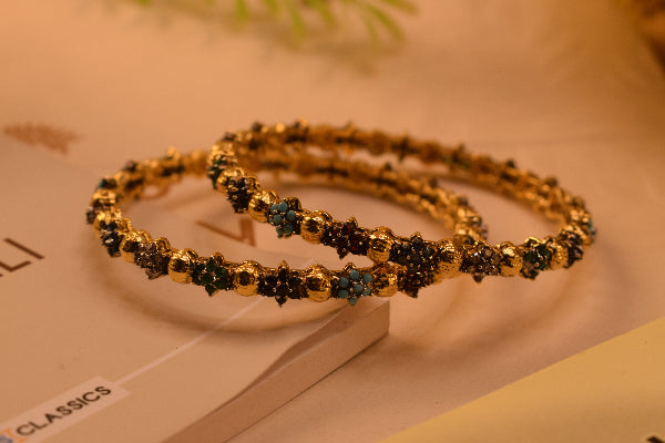 Glamorous Design Gold Plated Crystal Stones 2pc Bangle Set for Girls/Women