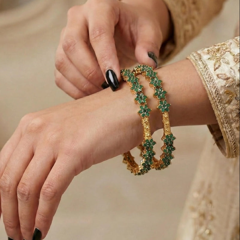 Stylish Design Gold Plated Crystal Stones 2pc Bangle Set for Girls/Women