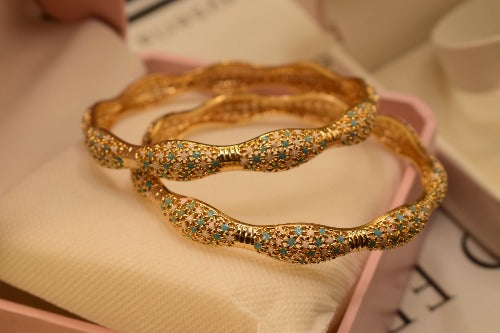 24K One Dip Indian Gold Plated Fancy Kara Bangles Set for Girls/Women