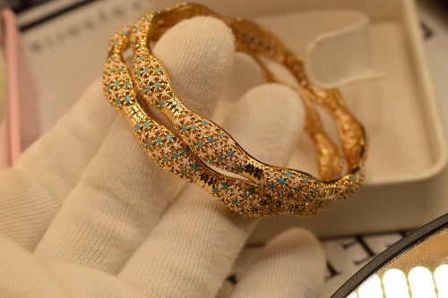 24K One Dip Indian Gold Plated Fancy Kara Bangles Set for Girls/Women