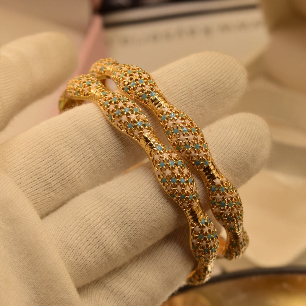 24K One Dip Indian Gold Plated Fancy Kara Bangles Set for Girls/Women