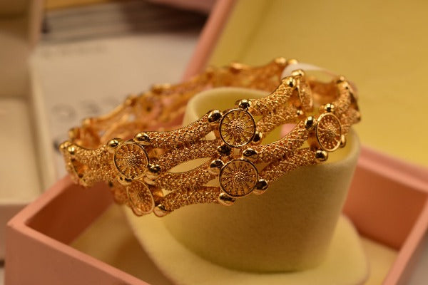 24K One Dip Indian Gold Plated Fancy Kara Bangles Set for Girls/Women