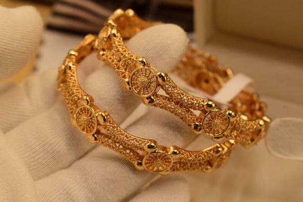 24K One Dip Indian Gold Plated Fancy Kara Bangles Set for Girls/Women