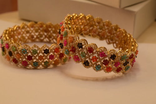 Elegant Design Golden Multicolour Stones Kara Pair Bangles for Girls/Women