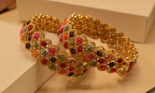 Elegant Design Golden Multicolour Stones Kara Pair Bangles for Girls/Women