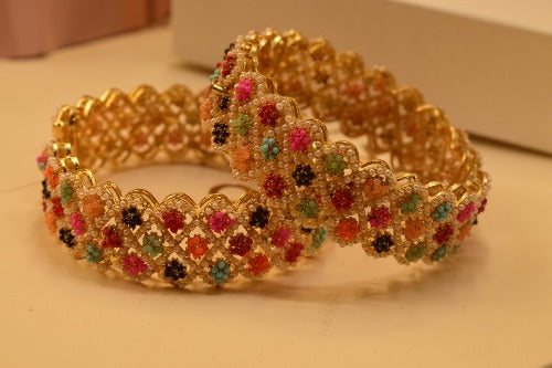 Elegant Design Golden Multicolour Stones Kara Pair Bangles for Girls/Women