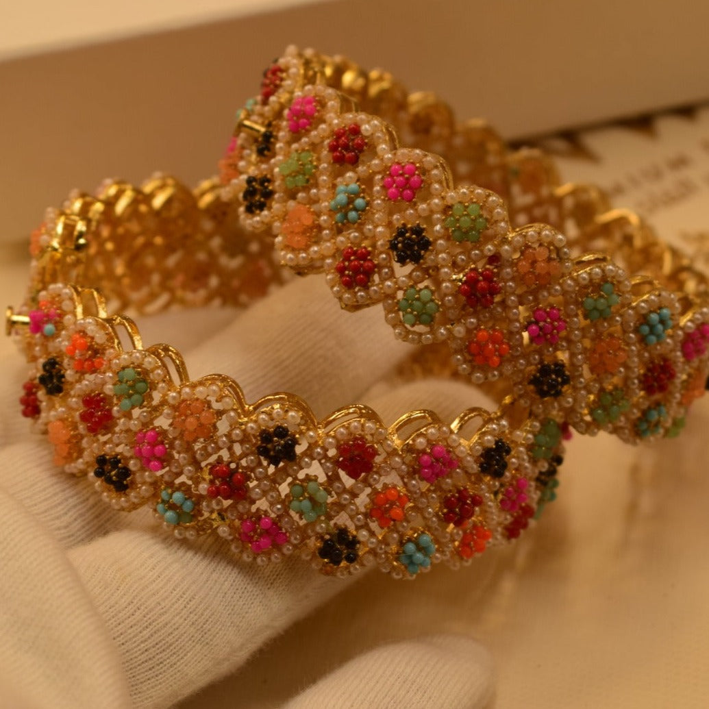 Elegant Design Golden Multicolour Stones Kara Pair Bangles for Girls/Women