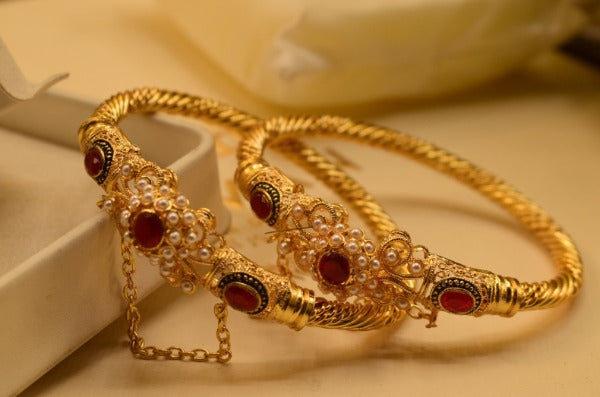 Elegant Design Maroon Stone Gold Plated Bangles for Girls/Women