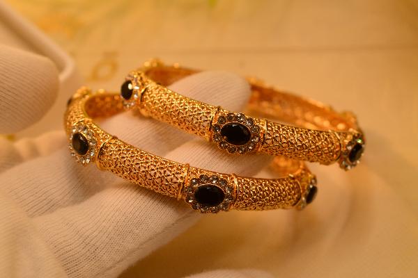 Luminous Real Stones Gold Plated 2pc Bangles Set for Girls/Women