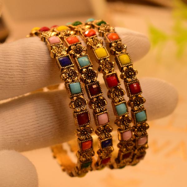 Gorgeous Multi Stones Gold Plated 4pc Bangles Set for Girls/Women