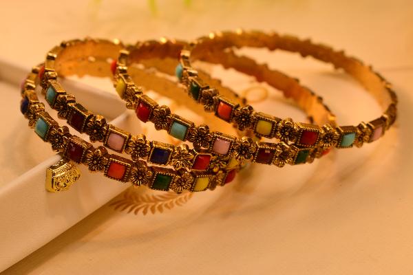 Gorgeous Multi Stones Gold Plated 4pc Bangles Set for Girls/Women