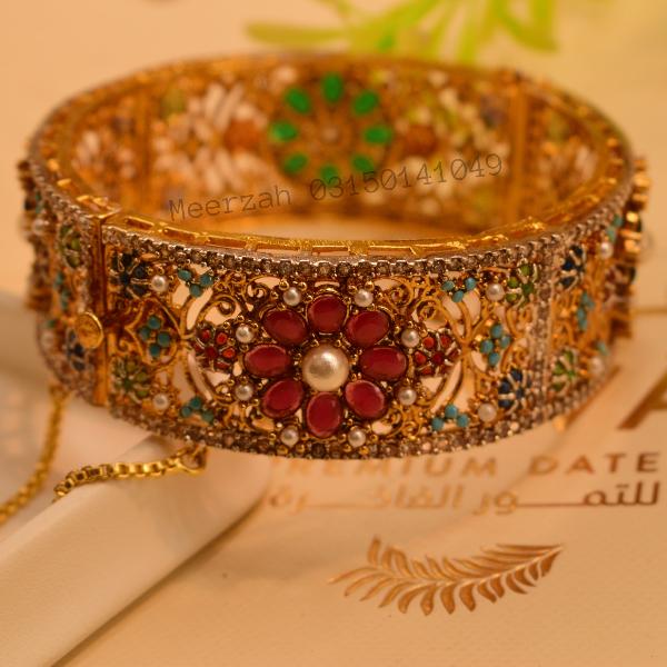 Fancy Elegant Design Multi Stones Gold Plated Bangle for Girls/Women