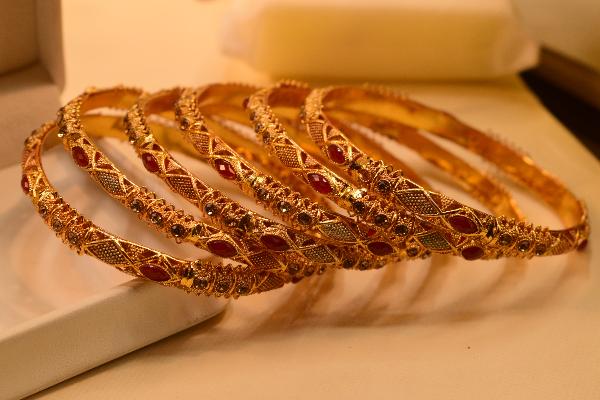 Fancy Unique Real Stones Gold Plated 6pc Bangles Set for Girls/Women