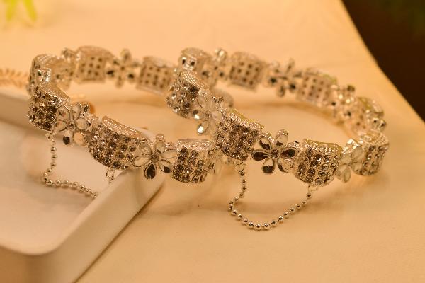 Gorgeous Design Real Stones Silver 2pc Bangles Set for Girls/Women