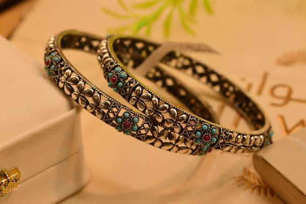 Luxury Unique Real Stones Silver 2pc Bangles Set for Girls/Women