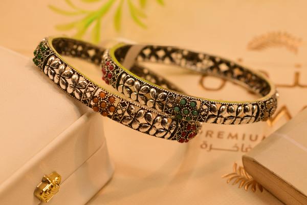 Luxury Unique Real Stones Silver 2pc Bangles Set for Girls/Women