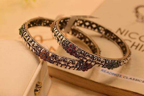 Luxury Unique Real Stones Silver 2pc Bangles Set for Girls/Women