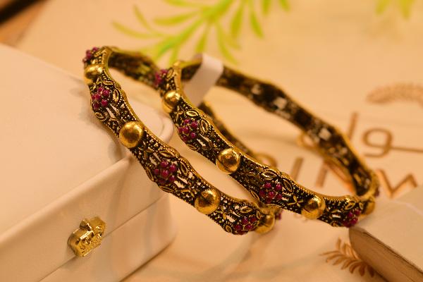 Stylish Design Real Stones Gold Plated 2pc Bangles Set for Girls/Women