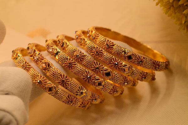 Stylish Design Gold Plated Real Stones 6pc Bangles Set for Girls/Women