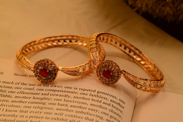 Fancy Design Gold Plated Real Stones 2pc Bangles Set for Girls/Women