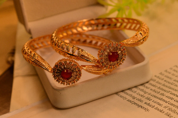 Fancy Design Gold Plated Real Stones 2pc Bangles Set for Girls/Women