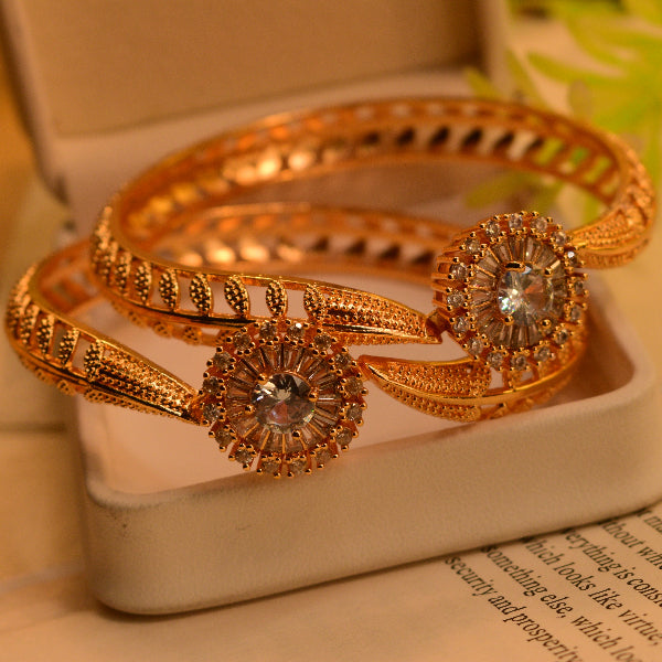 Fancy Design Gold Plated Real Stones 2pc Bangles Set for Girls/Women