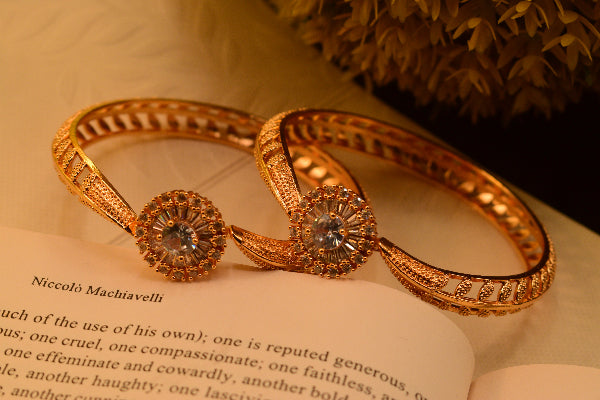 Fancy Design Gold Plated Real Stones 2pc Bangles Set for Girls/Women